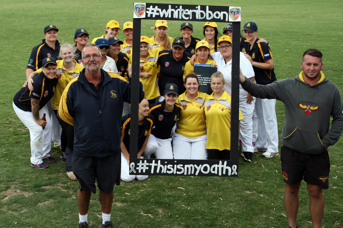THE CAMERONETTES & HEIDELBERG WEST, PICTURED WITH COACHES ALAN SMITH & CALVIN ROBINSON, SUPPORTING THE WHITE RIBBON FOUNDATION